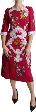 Dolce & Gabbana Rode Bloemen Geborduurde Sheath Midi Jurk - Dames - Casual kleedjes - Veelkleurig - M - Rayon - Kleedjes
