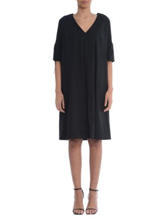 Fay Knee-Length Black V-Neck Gathered Dress