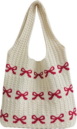 Generic Women Crochet Shoulder Bag Large Capacity Pattern Aesthetics Handbag Multifunctional Knitted Shopping Bag for Shopping Traveling (Red)