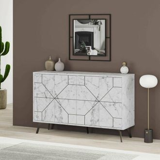 Dmora Credenza Meridian, Buffet da soggiorno, Madia da salotto, Dispensa da cucina, 123x35h62 cm, Bianco Marmo, con imballo rinforzato, con imballo