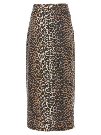 Ganni Leopard Print Organic Cotton Midi Skirt