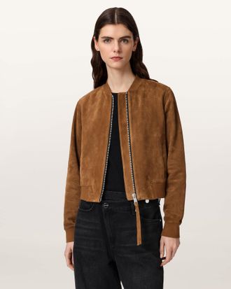 AllSaints Suede Orten Suede Bomber Jacket, Size: UK 14/US 10