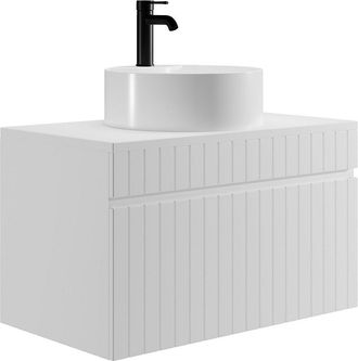 Vente-Unique Mueble de baño suspendido blanco con lavabo redondo sobre encimera - 80 cm - SATARA
