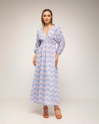 Tantra Geprinte jurk met elastische taille, V-hals en V-rug en vetersluiting