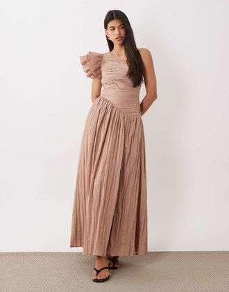 Asos Vestito lungo monospalla color moka con corpino a pieghe-Bianco