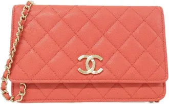 Chanel Red Color Grained Calfskin Chain/Shoulder Wallet (Pre-Owned)