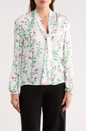 Longchamp Floral Tie Neck Long Sleeve Top in White/Pink at Nordstrom Rack, Size 8 Us / 40 Fr