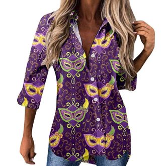 Generic Mardi Gras Costume T Shirts for Women Uk Y2k Top Mask Print Tshirts Long Sleevve Sparkly Loose Fit Pullover Holiday Shirt Blouses Ladies Tops 3/4 Slee