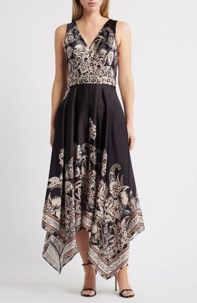 Vince Camuto Placed Scarf Print Handkerchief Hem Cotton Blend Dress in Black Multi at Nordstrom Rack, Size 14