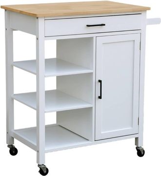 Sweeek Carro de cocina con bandeja de madera de pino, blanco