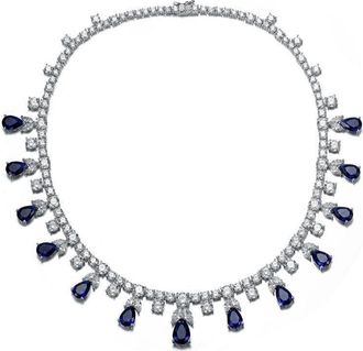 Rachel Glauber White Gold Plated with Sapphire Blue Cubic Zirconia Tennis Station Necklace