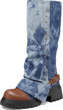 Generic Womens Tie-Dye Knee-High Boots Denim Fabric Chunky Platform Sole Metal Rivets Buckle Strap Comfortable Trendy Footwear For Street Style Daily,Dark Blu