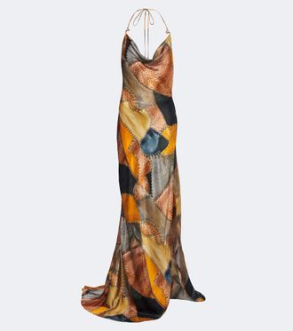 Roberto Cavalli Draped printed silk satin maxi dress