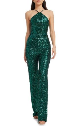 Dress The Population Darian Sequin Halter Jumpsuit in Deep Emerald at Nordstrom, Size Large