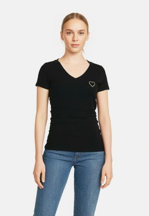 Pieces V-Shirt PIECES PCNEW BILLY TEE EMB NOOS BC, Damen, Gr. XS, schwarz (schwarz detail:gold heart outline), Jersey, Obermaterial: 95% Baumwolle, 5% Elasth