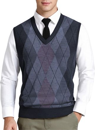 Generic Knit Sweater Vest Men Check Waistcoats For Men V Neck Casual Sweater Slim Fit Sleeveless Knitwear Warm Plaid Tank Tops Classic Wool Blend Jumper Comfo