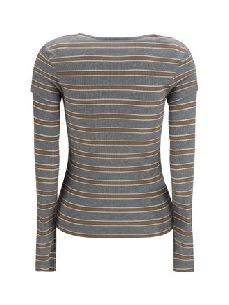 Ganni Ribbed V-Neck Striped T-Shirt - Gray