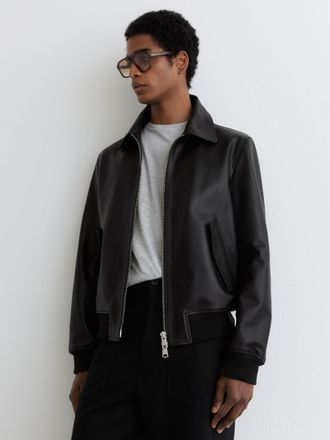 Reiss Black Leather Zip-through Jacket, 2XL