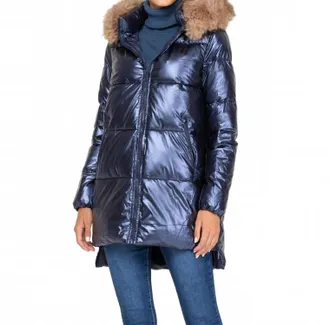Tantra Mid Length Jacket With Faux Fur In Blue Metallic