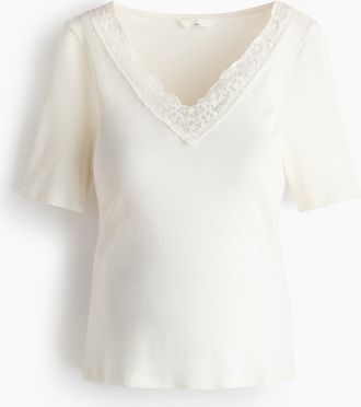 H&M MAMA Geripptes Shirt mit V-Ausschnitt - Weiss