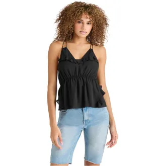 Steve Madden Mina Blouse Top Women Black Ruffle Trim V-Neck Sleeveless PALL446