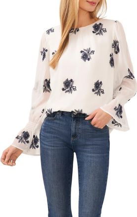 CeCe by Cynthia Steffe Floral Embroidered Ruffle Cuff Georgette Top in New Ivory at Nordstrom, Size X-Small