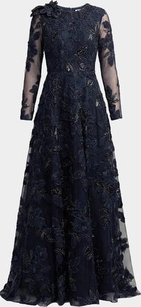 Mac Duggal Floral Mesh Long-Sleeve Gown