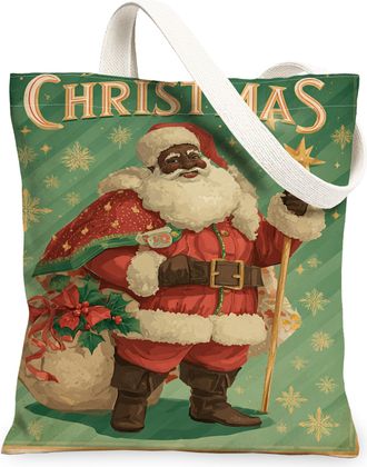 Generic Christmas Santa Canvas Tote Bags, Festive Design Reusable Grocery Bags, Vintage Lightweight Washable Shoulder Strap Canvas, Green, 13x15 Inch