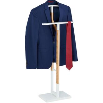 Relaxdays Gal&aacute;n De Noche De Mdf Y Acero, Para Chaqueta Y Pantal&oacute;n, 106,5 X 47 X 20 Cm, Percha De Pie, Blanco Y Natural - Relaxdays