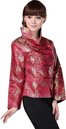ACVIP Womens Long Sleeve Chinese Style Satin Brocade Jacket Coat Top (Wine Red, UK 12-14/Label Size 2XL)