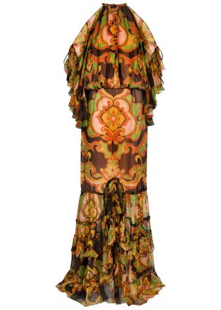 Etro Floral- Print Ruffled Silk Maxi Dress - Black - 42 (UK10 / S)