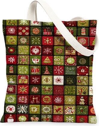 Generic Holiday Floral Canvas Tote Bags, Festive Pattern Reusable Grocery Bags, Winter Rustic Lightweight Washable Shoulder Strap C, Red and Green, 13x15 Inch