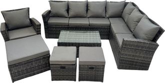 Fimous Rattan Garden Outdoor Furniture Set 10 Seater Garden Sofa Coffee Table Sets with Chair 3 Footstools Dark Grey Mixed - Fimous