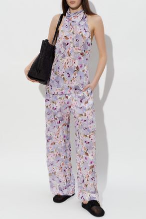 Balmain Silk Trousers With A Floral Motif, Womens, Purple