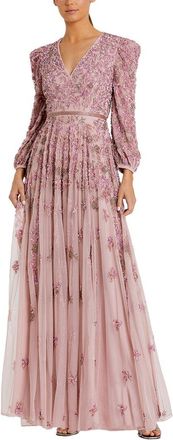 Mac Duggal Beaded Mesh V Neck Puff 3/4 Sleeve A-Line Gown