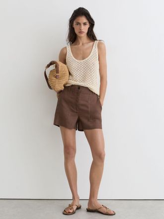 Reiss Chocolate Brown Linen Shorts, 16R