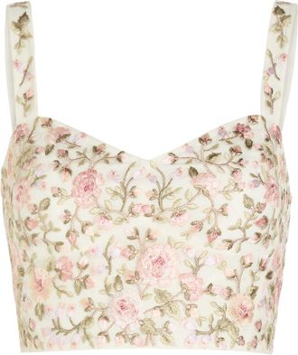 Needle & Thread Eden Rose Floral-embroidered Tulle Crop top - White - 14 (UK14 / L)