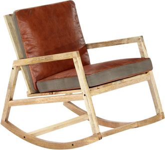 vidaXL Silla Mecedora De Cuero Aut&eacute;ntico Y Madera Mango Maciza Marr&oacute;n