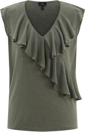 Marble Scotland Womens V-Neck Ruffle Top In Khaki