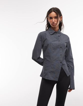 Weekday Camicia asimmetrica nera e grigia a righe-Nero