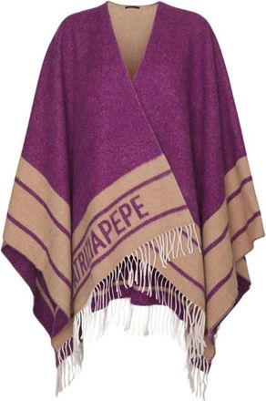 Patrizia Pepe Paarse poncho met franje en logo jacquard - Dames - Ponchos - Paars - ONE Size - Wol - Jassen
