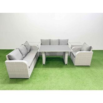 Fimous Rattan Garden Furniture Dining Set 7-seater Patio Rectangular Table Sofa Set with 2 Side Tables Light Grey - Fimous
