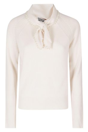Essentiel Off-White Bow Synthetic Pearl Wool-Cashmere Sweater