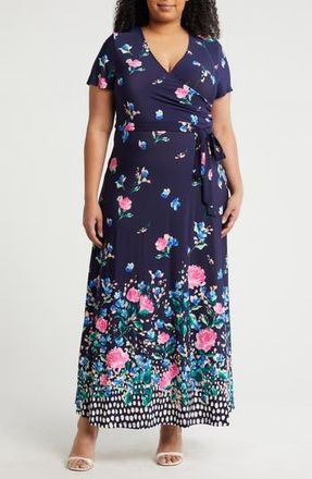 Eliza J Floral Short Sleeve Faux Wrap Maxi Dress in Navy Multi at Nordstrom Rack, Size 14W