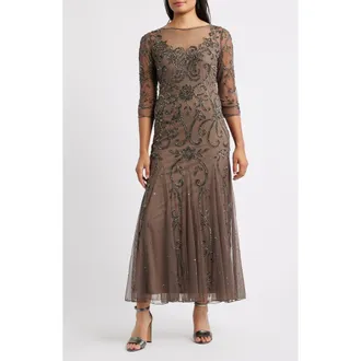 Pisarro Nights Beaded Illusion Neck Gown in Deep Mocha at Nordstrom Rack, Size 20