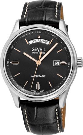 Gevril Group Excelsior Croc Embossed Leather Strap Watch, 42mm in Black at Nordstrom Rack