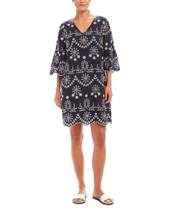 Karen Kane Flare Sleeve Embroidered Dress In Navy/ Off White