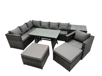 Fimous 9-seater Outdoor Rattan Sofa Set with with Chair Side Table Big Stools in Dark Grey
