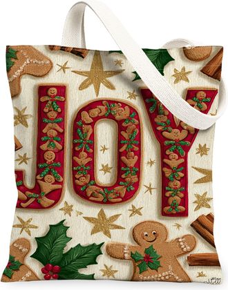 Generic Christmas Joy Canvas Tote Bags, Gingerbread Pattern Reusable Grocery Bags, Festive Vintage Lightweight Washable Shoulder St, Red, 13x15 Inch