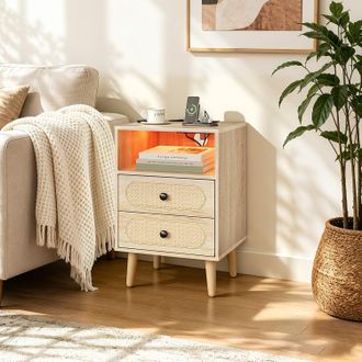 Woltu Woltu Mesita De Noche Con Iluminaci&oacute;n Led Ajustable, Estilo Bohemio, Con 2 Cajones Y 1 Compartimento Abierto Mesa Auxiliar Para Dormitorio O Sala De E